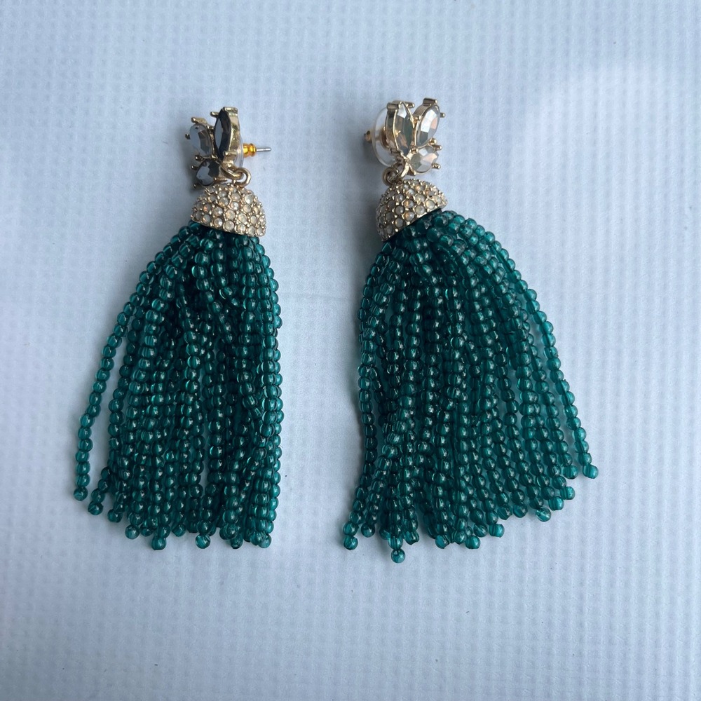 Emerald Green Beaded Tassel Earrings Smoky Crystal Statement Drop Elegant Glam